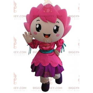 Lächelndes Mädchen Pink Flower BIGGYMONKEY™ Maskottchen Kostüm - Pflanzenmaskottchen - BIGGYMONKEY_05364 - BiggyMonkey.com