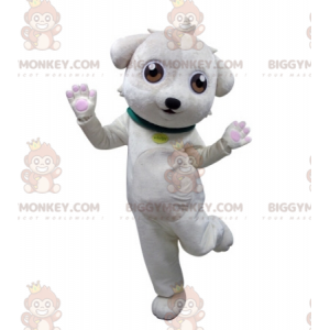 BIGGYMONKEY™ maskottiasu, valkoinen koira, jossa vihreä kaulus