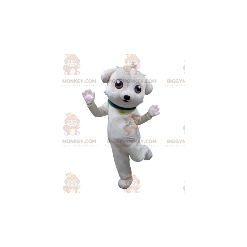 Costume de mascotte BIGGYMONKEY™ de chien blanc avec un collier Costume de mascotte BIGGYMONKEY™ de chien blanc avec un collier