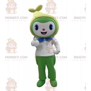 Kostým zelenobílého usměvavého sněhuláka BIGGYMONKEY™ maskota –