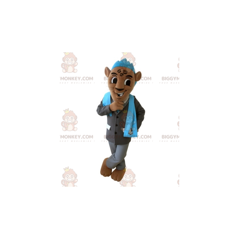 Ruskea tiikeri BIGGYMONKEY™ maskottiasu puvulla ja sinisellä Ruskea tiikeri BIGGYMONKEY™ maskottiasu puvulla ja sinisellä