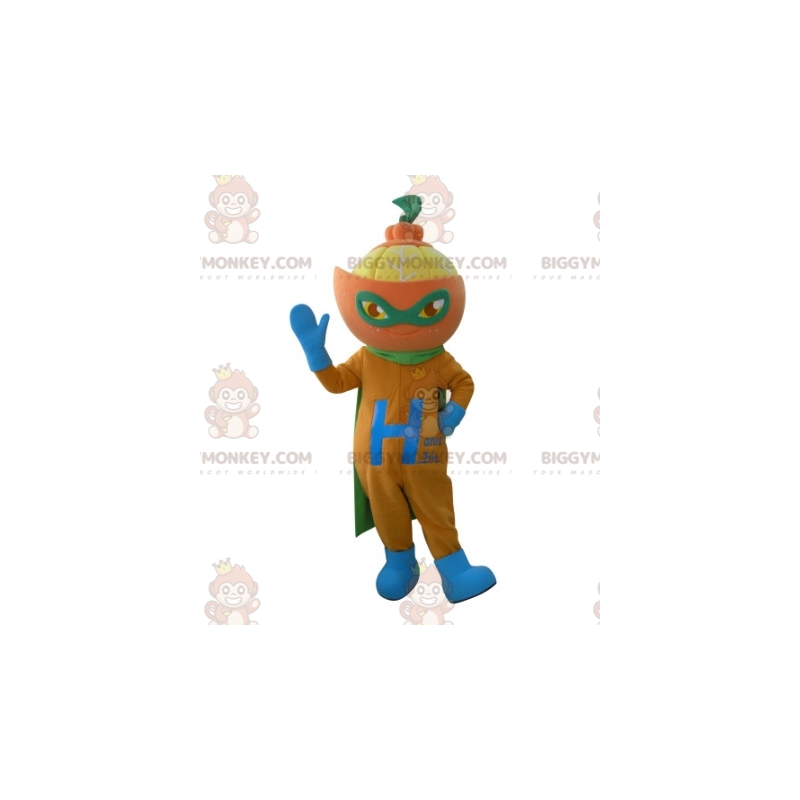 Mandarin Orange BIGGYMONKEY™ Mascot Costume In Superhero Outfit Mandarin Orange BIGGYMONKEY™ Mascot Costume In Superhero Outfit