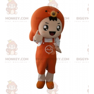 Orange boy BIGGYMONKEY™ mascot costume with apron and fish -