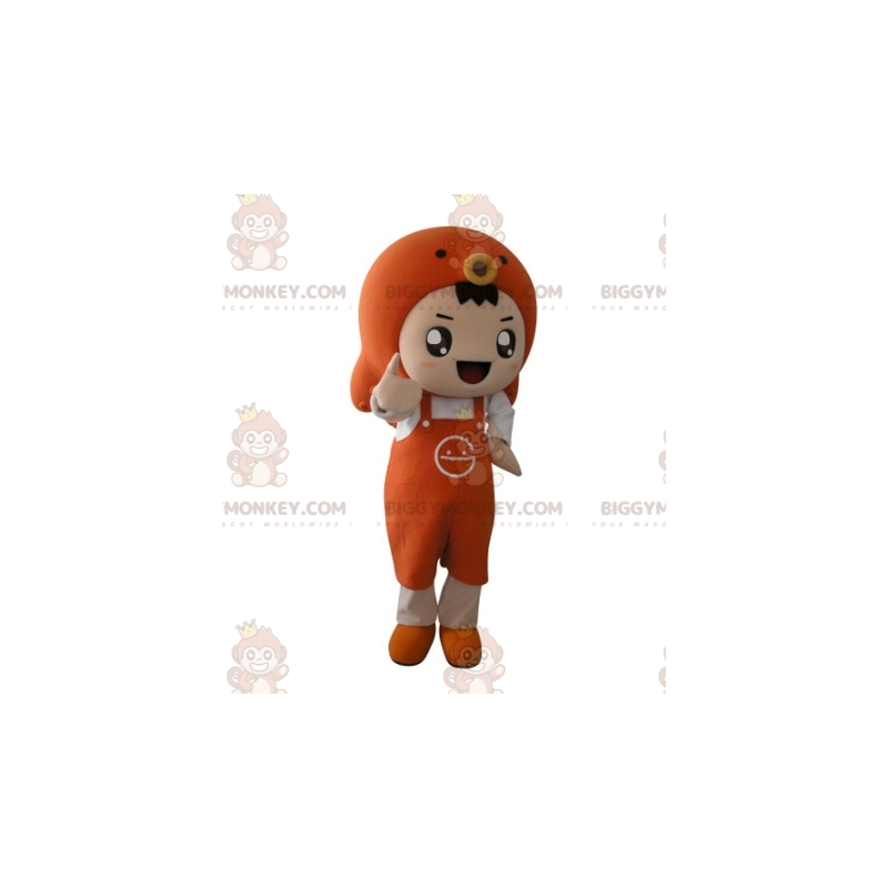 Traje de mascote BIGGYMONKEY™ menino laranja com avental e Traje de mascote BIGGYMONKEY™ menino laranja com avental e