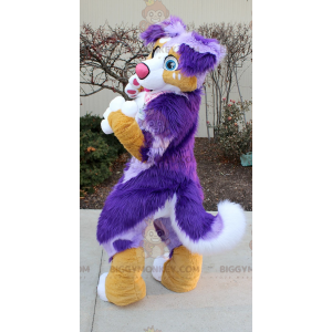 Costume de mascotte BIGGYMONKEY™ de chien poilu violet orange