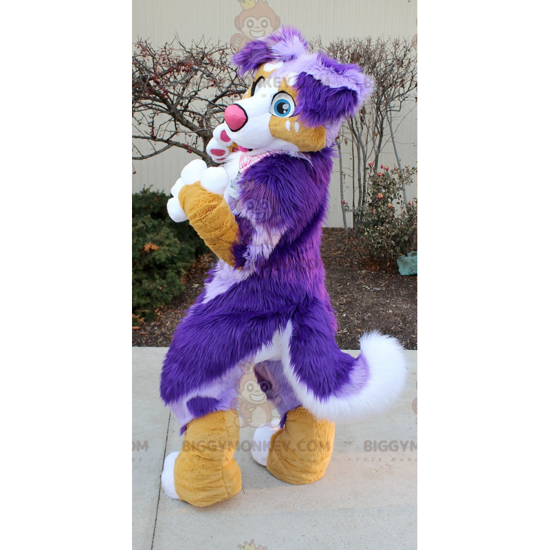 Purple Orange and White Furry Dog BIGGYMONKEY™ Mascot Costume - Purple Orange and White Furry Dog BIGGYMONKEY™ Mascot Costume -