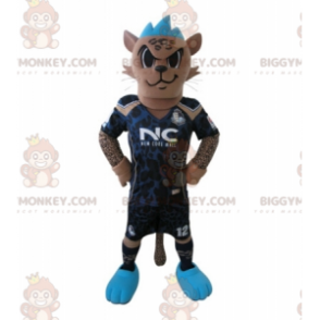  BIGGYMONKEY™ Costume da mascotte della tigre in costume da calciatore con stemma blu - Mascotte della tigre - BiggyMonkey.com