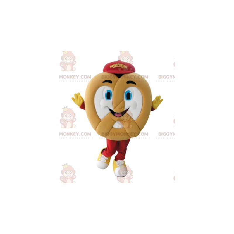 Costume de mascotte BIGGYMONKEY™ de Bretzel géant très souriant Costume de mascotte BIGGYMONKEY™ de Bretzel géant très souriant