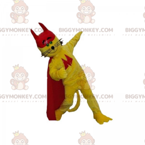 Kostým maskota BIGGYMONKEY™ Žlutá kočka s pláštěnkou a červeným