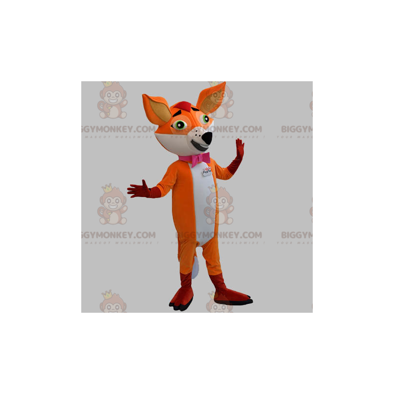 Kostým oranžovobílého liška BIGGYMONKEY™ maskota s motýlkem – Kostým oranžovobílého liška BIGGYMONKEY™ maskota s motýlkem –