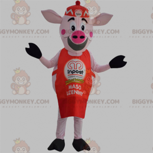 BIGGYMONKEY™ Pink Pig Mascot Costume with Red Apron and Hat -