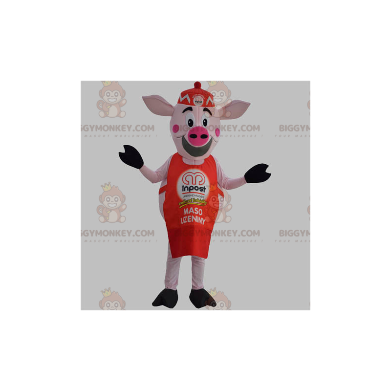 BIGGYMONKEY™ Pink grisemaskotkostume med rødt forklæde og hat - BIGGYMONKEY™ Pink grisemaskotkostume med rødt forklæde og hat -