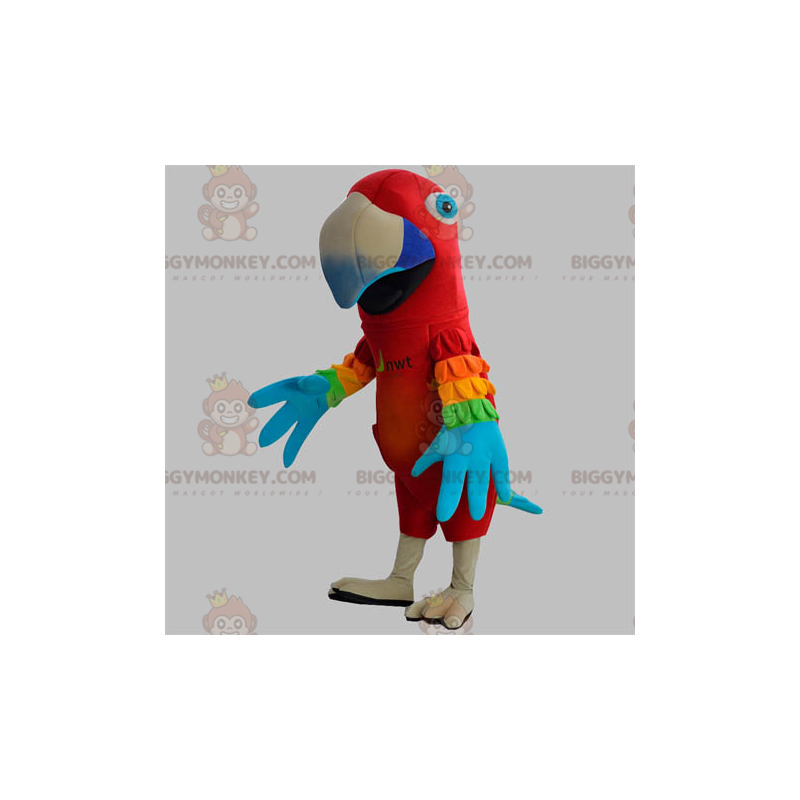 Kostým maskota BIGGYMONKEY™ Červený papoušek s barevnými křídly Kostým maskota BIGGYMONKEY™ Červený papoušek s barevnými křídly