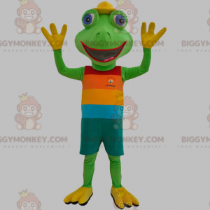 Kostým maskota zelené žáby BIGGYMONKEY™ v barevném oblečení –