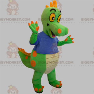 Vihreä ja oranssi dinosaurus BIGGYMONKEY™ maskottiasu sinisellä