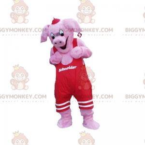 BIGGYMONKEY™ Pink Pig Mascot Costume With Red Overalls -