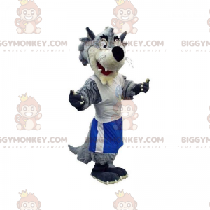 Gray and White Wolf BIGGYMONKEY™ Mascot Costume Dressed in