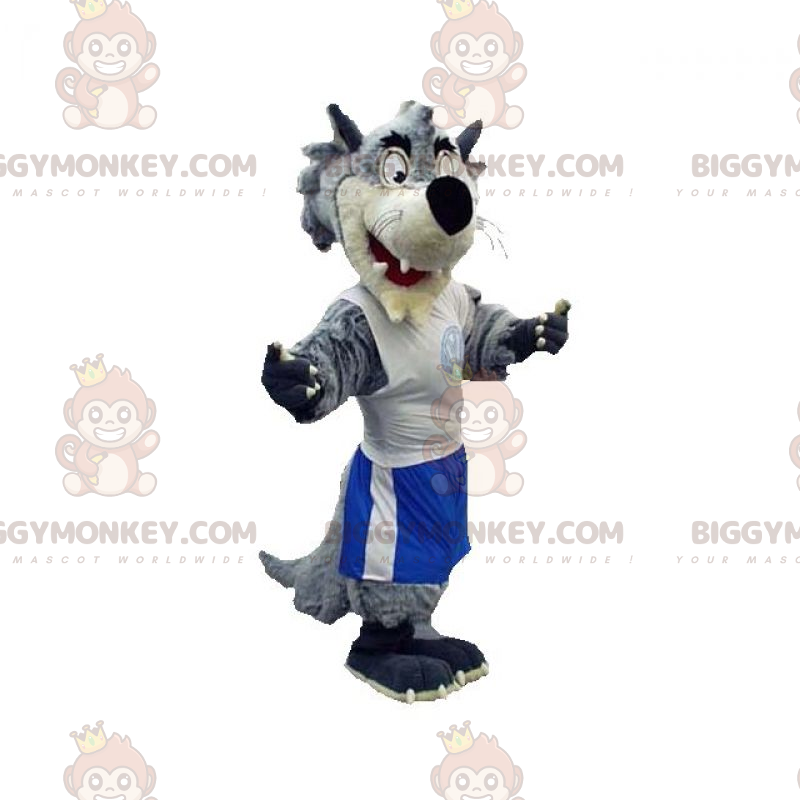 Grijze en witte wolf BIGGYMONKEY™ mascottekostuum gekleed in