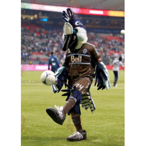 Costume de mascotte BIGGYMONKEY™ d'oiseau bleu blanc et noir en tenue marron - Mascotte d'oiseaux - BiggyMonkey.com
