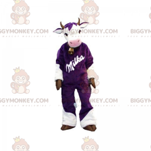 Costume da mascotte BIGGYMONKEY™ da mucca viola e bianca.