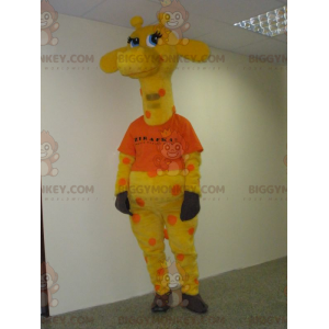Kostým maskota BIGGYMONKEY™ Žlutá a oranžová žirafa s modrýma