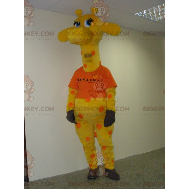 Fantasia de mascote BIGGYMONKEY™ Girafa amarela e laranja com Fantasia de mascote BIGGYMONKEY™ Girafa amarela e laranja com