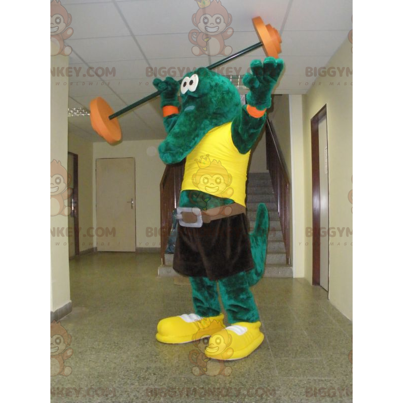 Costume de mascotte BIGGYMONKEY™ de crocodile vert avec un Costume de mascotte BIGGYMONKEY™ de crocodile vert avec un