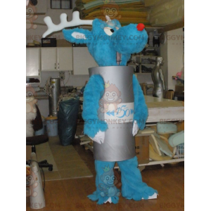 Blue Reindeer BIGGYMONKEY™ Mascot Costume with Gray Cylinder