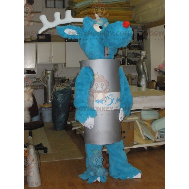 Blåt rensdyr BIGGYMONKEY™ maskotkostume med gråcylindret outfit Blåt rensdyr BIGGYMONKEY™ maskotkostume med gråcylindret outfit