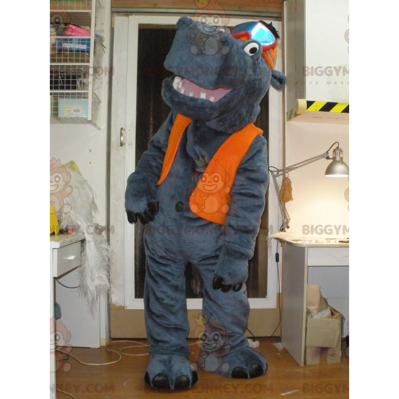 Gray Hippo BIGGYMONKEY™ Mascot Costume with Hat and Ski Goggle