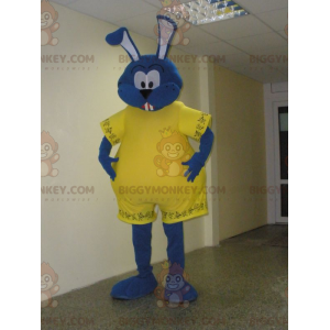BIGGYMONKEY™ mascot costume of blue bunny dressed in yellow.
