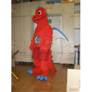 Disfraz de mascota dragón gigante rojo, blanco y azul