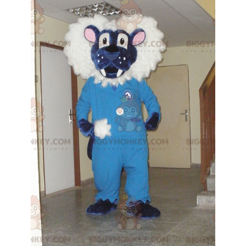 BIGGYMONKEY™-mascottekostuum met blauwe en witte leeuw. Tijger BIGGYMONKEY™-mascottekostuum met blauwe en witte leeuw. Tijger