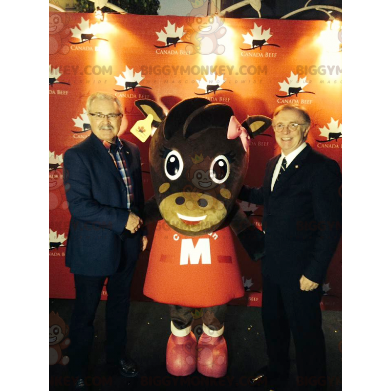 Bruin koeienhuid in rode jurk BIGGYMONKEY™ mascottekostuum - Bruin koeienhuid in rode jurk BIGGYMONKEY™ mascottekostuum -