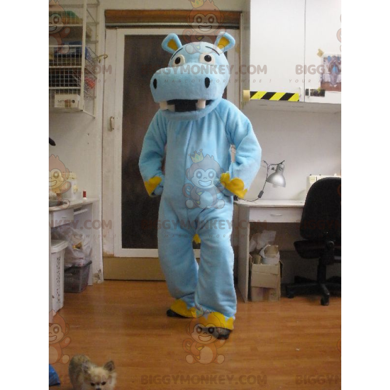 Costume de mascotte BIGGYMONKEY™ d'hippopotame bleu et jaune - Costume de mascotte BIGGYMONKEY™ d'hippopotame bleu et jaune -