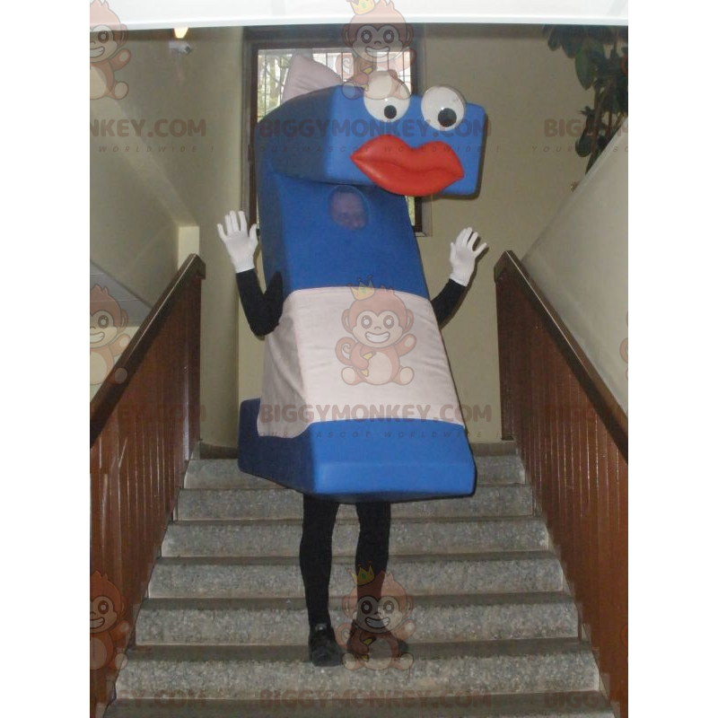 Traje de mascote azul e branco com letra Z maiúsculo Traje de mascote azul e branco com letra Z maiúsculo