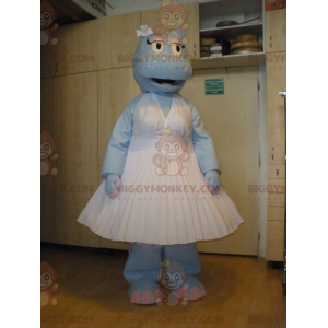 BIGGYMONKEY™ Mascot Costume Blue Hippo Wearing White Dress -