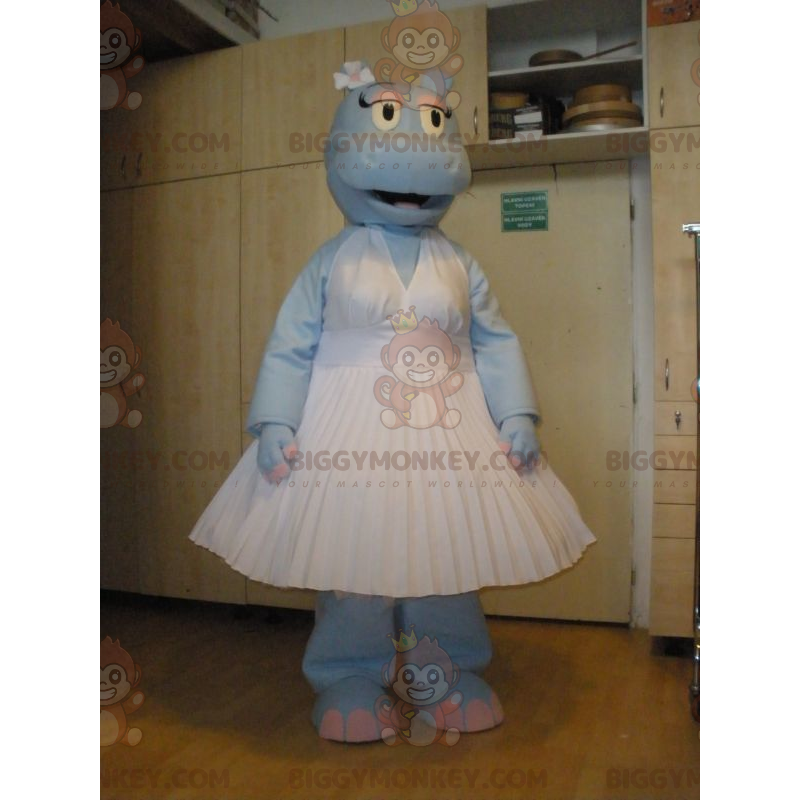 BIGGYMONKEY™ Mascot Costume Blue Hippo Wearing White Dress -