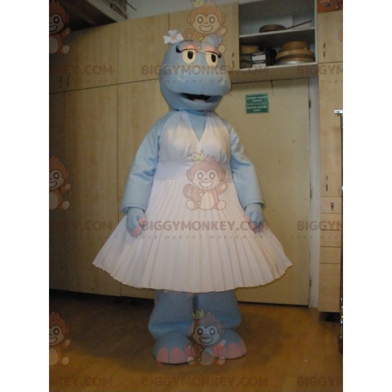 BIGGYMONKEY™ maskotkostyme Blå flodhest i hvit kjole - Hippopotamus-maskoter - BIGGYMONKEY_05680 - BiggyMonkey.com