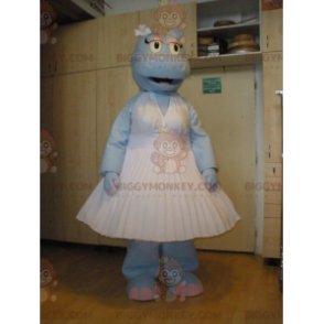 BIGGYMONKEY™ Mascot Costume Blue Hippo Wearing White Dress -