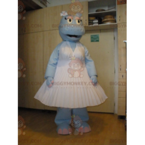 Traje de mascote BIGGYMONKEY™ hipopótamo azul usando vestido branco - Mascotes de hipopótamo - BiggyMonkey.com