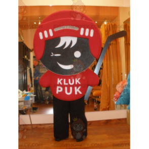 BIGGYMONKEY™ maskotkostyme til hockeyspiller i rødt og brunt antrekk - Sportsmaskot - BIGGYMONKEY_05701 - BiggyMonkey.com