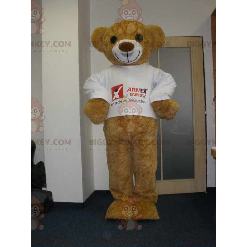 Traje de mascote de ursinho de pelúcia bege muito sorridente Traje de mascote de ursinho de pelúcia bege muito sorridente