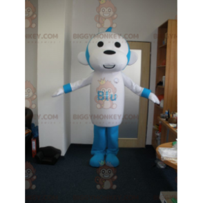Traje de mascote de macaco BIGGYMONKEY™ azul e branco. Traje de