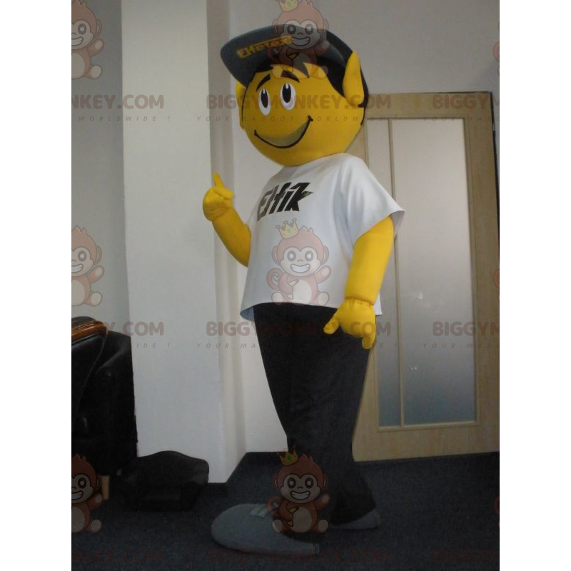 Traje de mascote de homem amarelo muito sorridente BIGGYMONKEY™ Traje de mascote de homem amarelo muito sorridente BIGGYMONKEY™