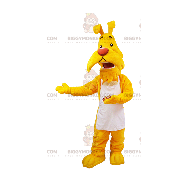 Kostým žlutého maskota psa BIGGYMONKEY™ Mustache v bílé zástěře - Maskoti psů - BIGGYMONKEY_05732 - BiggyMonkey.com