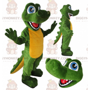 Modré oči Zelený a žlutý kostým krokodýla BIGGYMONKEY™ maskota - Krokodýl maskot - BIGGYMONKEY_05746 - BiggyMonkey.com