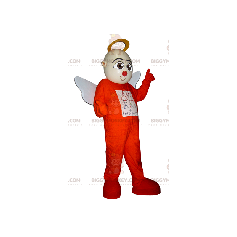 BIGGYMONKEY™ Mascot Costume of Angel i orange outfit med vita BIGGYMONKEY™ Mascot Costume of Angel i orange outfit med vita
