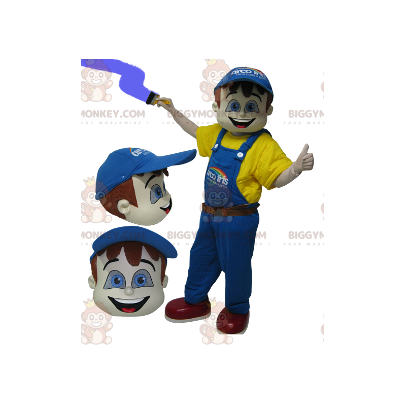 Maler BIGGYMONKEY™ maskotkostume klædt i gult med blå overalls Maler BIGGYMONKEY™ maskotkostume klædt i gult med blå overalls