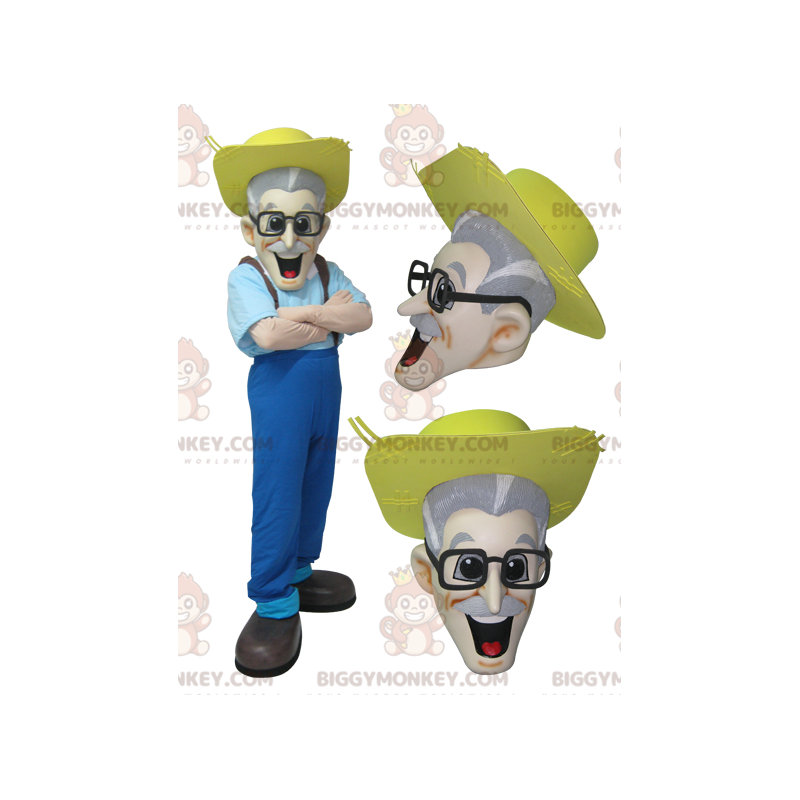 Overskægget landmand BIGGYMONKEY™ maskotkostume med stråhat - Overskægget landmand BIGGYMONKEY™ maskotkostume med stråhat -